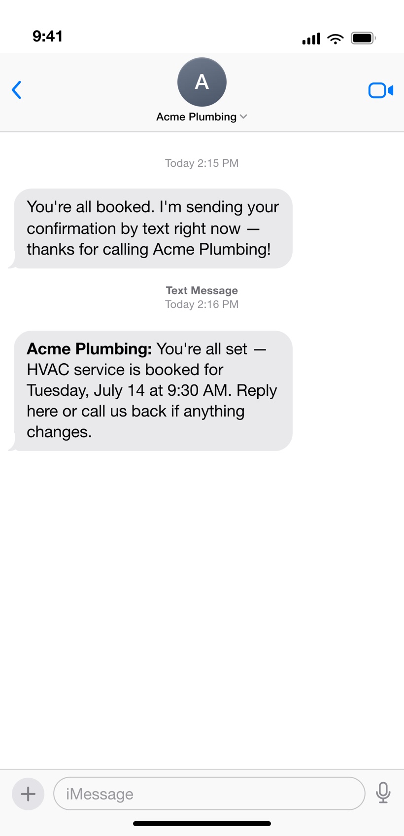 The booking confirmation as a received text message from the business: Acme Plumbing confirming an HVAC appointment for Tuesday, July 14 at 9:30 AM