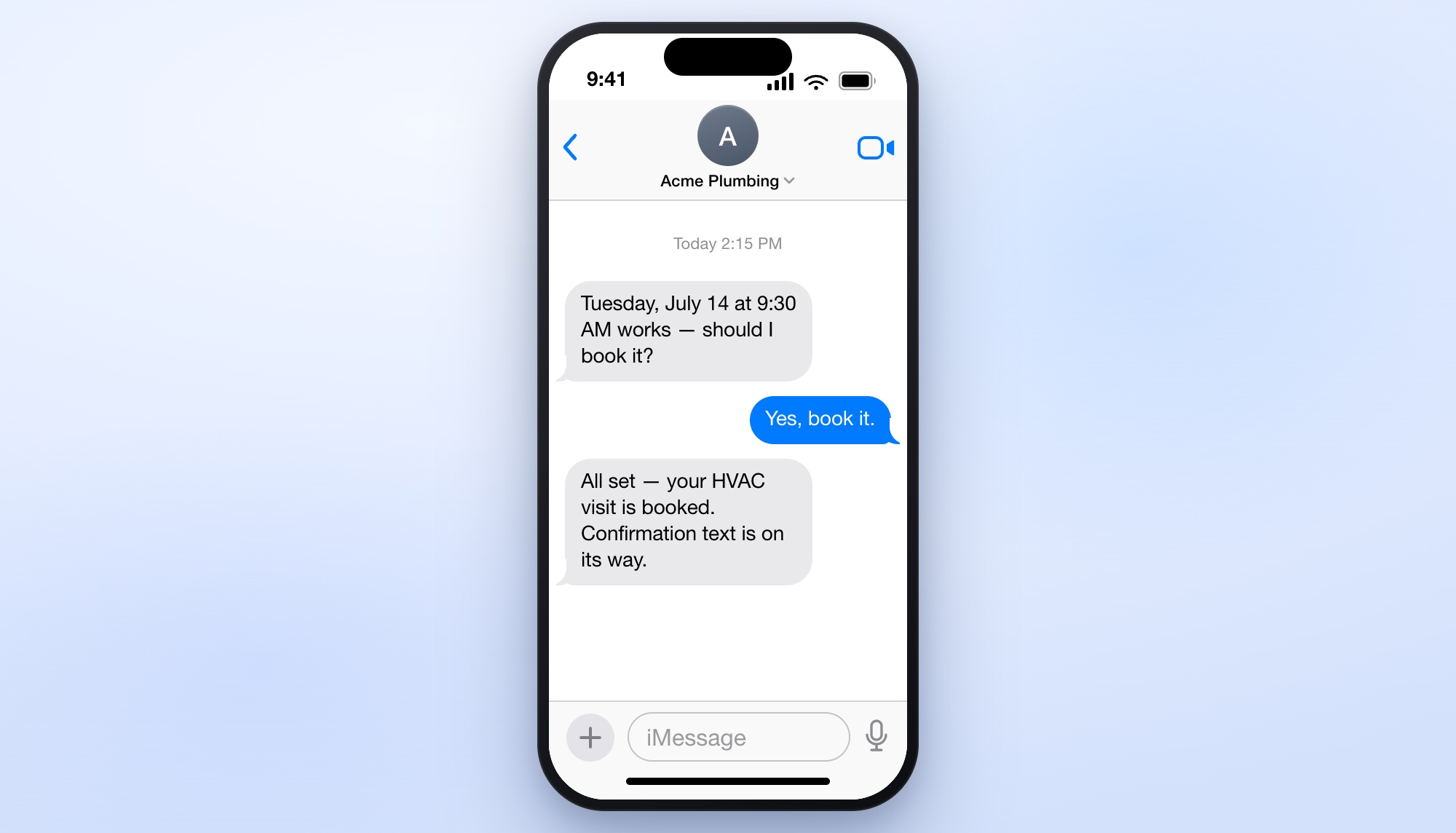 A CSflow call shown as a clean message thread on an iPhone: the caller and the agent working through an AC repair and landing on a booked appointment