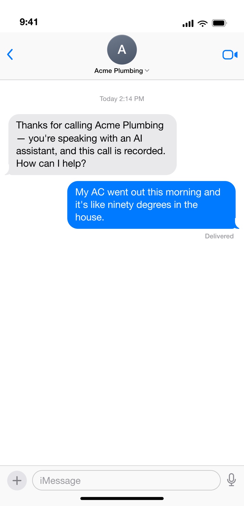 A CSflow call shown as a message thread on a phone: the agent greets the caller, says upfront it's an AI on a recorded call, and the caller explains their AC went out