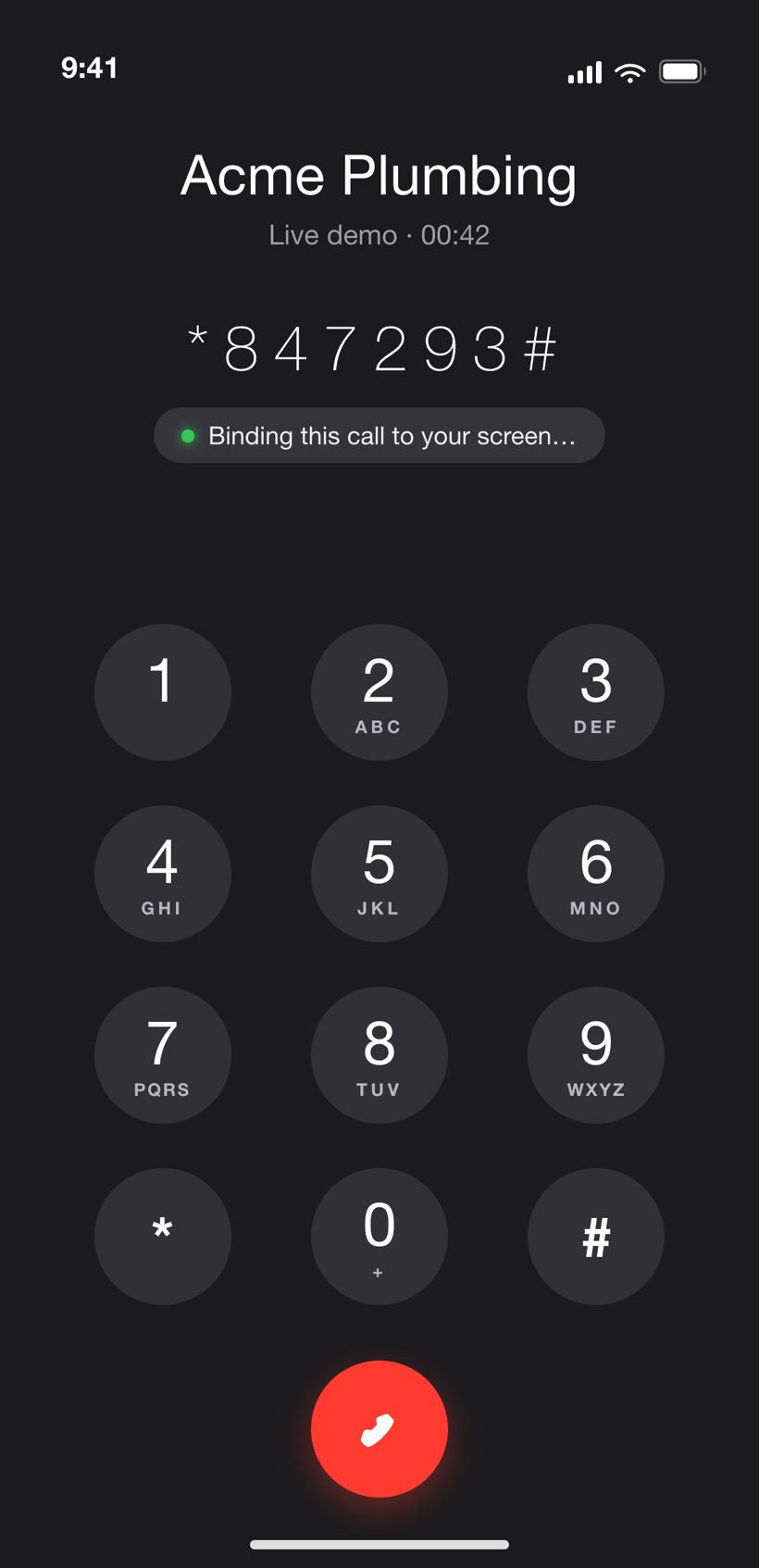 A native iPhone in-call keypad keying in the on-screen code, star then a six-digit code then pound, to bind the live call to your screen