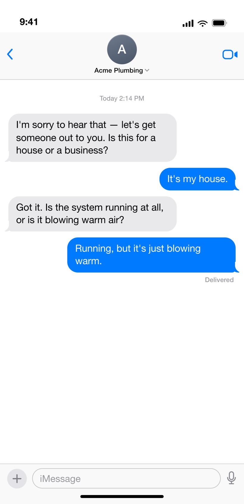 A CSflow call shown as a message thread: the agent asking qualifying questions about the AC problem, house or business, and whether it's blowing warm