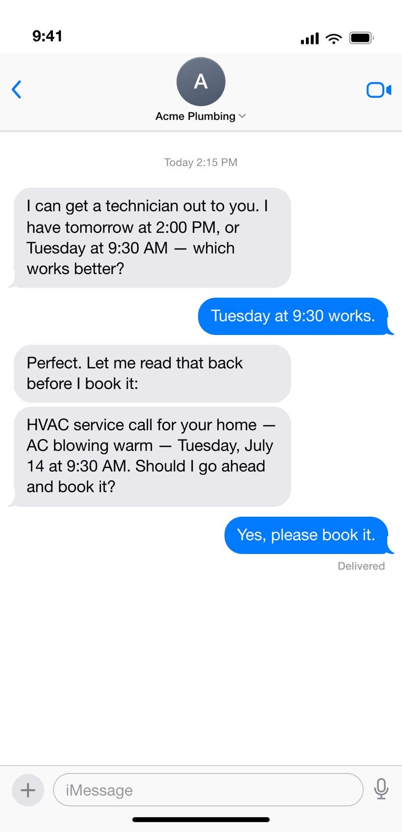 A CSflow call shown as a message thread: the agent offers two open times, the caller picks 9:30, and the agent reads the whole appointment back before booking